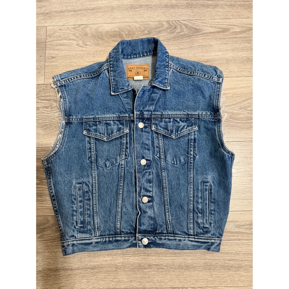 Vintage Gap Denim Trucker Vest Womens XL Blue Medium Wash Cotton Frayed Raw Hem